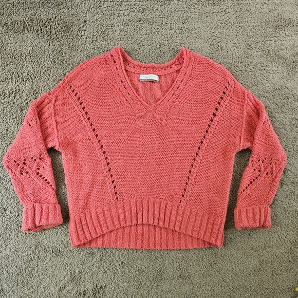 Anthropologie Pilcro Coral Salmon Peach Hibiscus Sweater - Picture 1 of 9